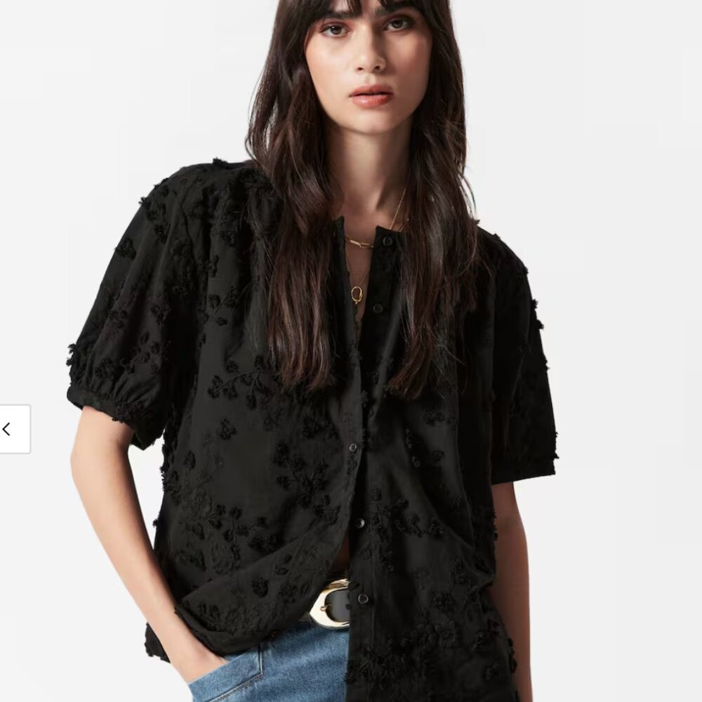 & Other Stories floral embroidered short sleeve blouse  (black ,size2)